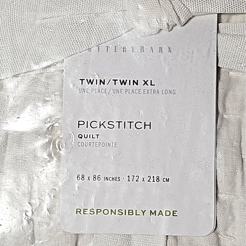 Pottery Barn Pick Stitch Handcrafted Cotton Linen Quilt Twin Twin XL Soft White